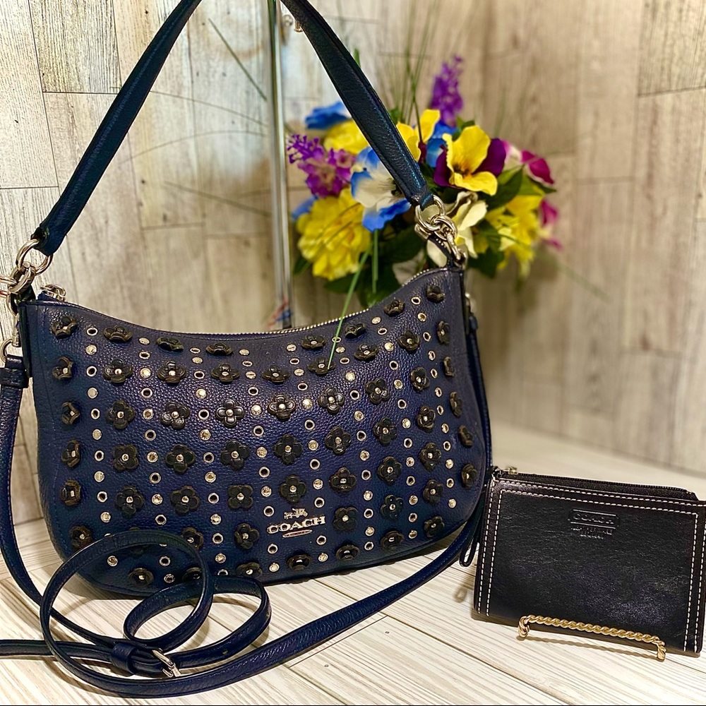 COACH Chelsea Crossbody Floral Rivets Navy Blue